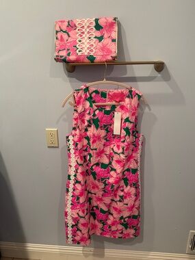 Lilly Pulitzer Kelly Green & Hot Pink Floral Shift Dress with Clutch